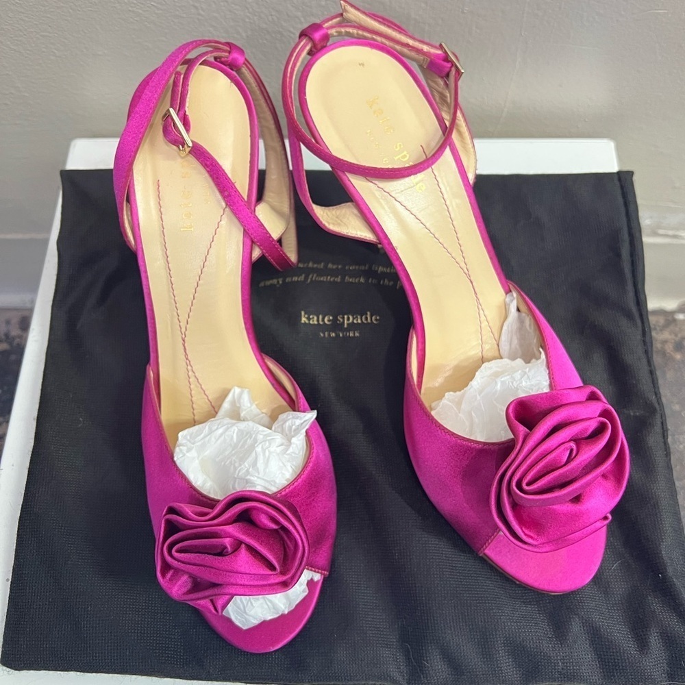 Kate Spade New York Fuchsia Satin Rose Heels | Size 8 | Made in Italy - Picture 2 of 6